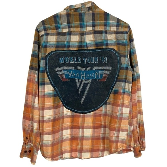 Van Halen Band Flannel Shirt Mens Large Unisex Upcycled Handmade Button Down - Picture 1 of 13